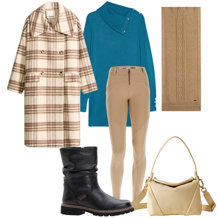 Outfit donna - Ottanio e beige. Stile Casual per Tutti i giorni. Abbinamento con stivali, cappotti, pantaloni skinny, sciarpe, borse a spalla, maglieria.