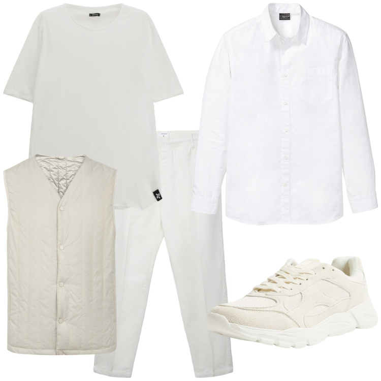 Outfit uomo - White. Stile Casual per Tutti i giorni. Abbinamento con camicie, sneakers, pantaloni, t-shirt, piumini.