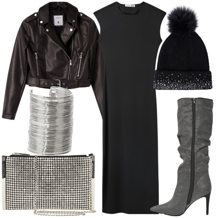 Outfit donna - Chiodo e bagliore. Stile Glamour per Serata fuori. Abbinamento con vestiti midi/longuette, giacche, berretti, stivali, pochette, braccialetti.