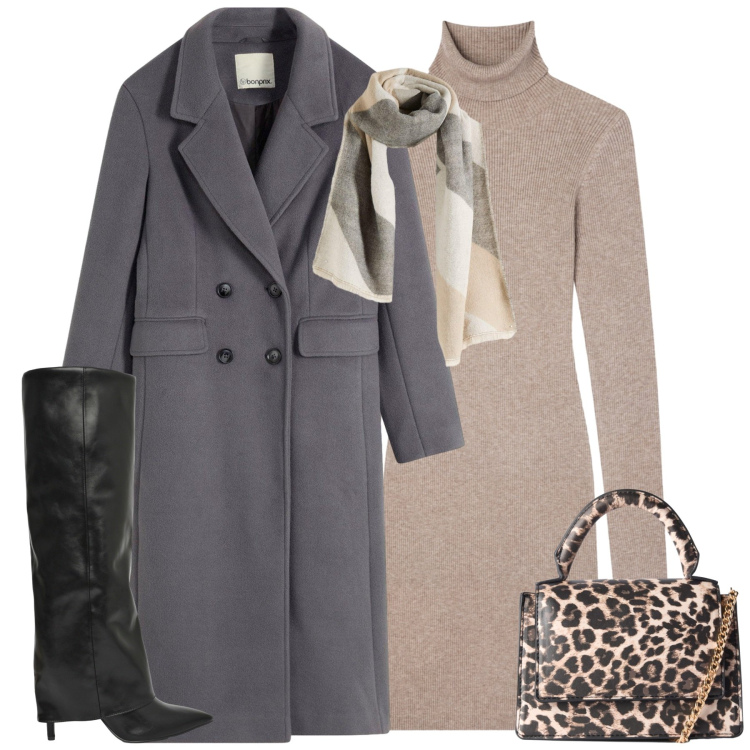 Outfit donna - Il vestito in maglia. Stile Minimal per Tutti i giorni. Abbinamento con cappotti, foulard, vestiti corti, borse a tracolla, stivali.