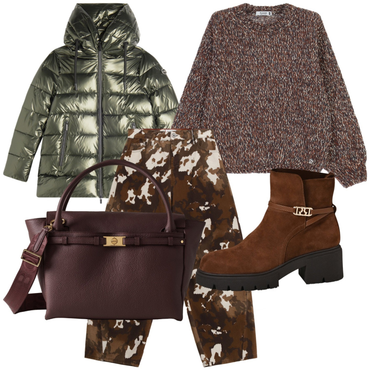 Outfit donna - Il piumino brillante. Stile Casual chic per Tutti i giorni. Abbinamento con stivaletti, piumini, pantaloni a palazzo, maglieria, borse a mano.