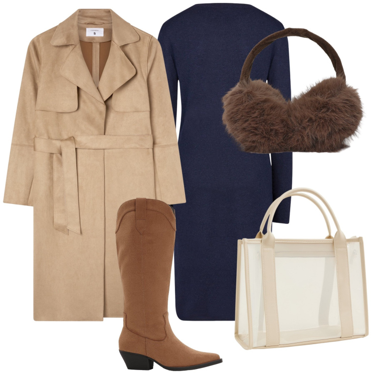 Outfit donna - Pomeriggio in centro. Stile Urban per Tutti i giorni. Abbinamento con stivali, cappelli, borse tote, trench, vestiti midi/longuette.