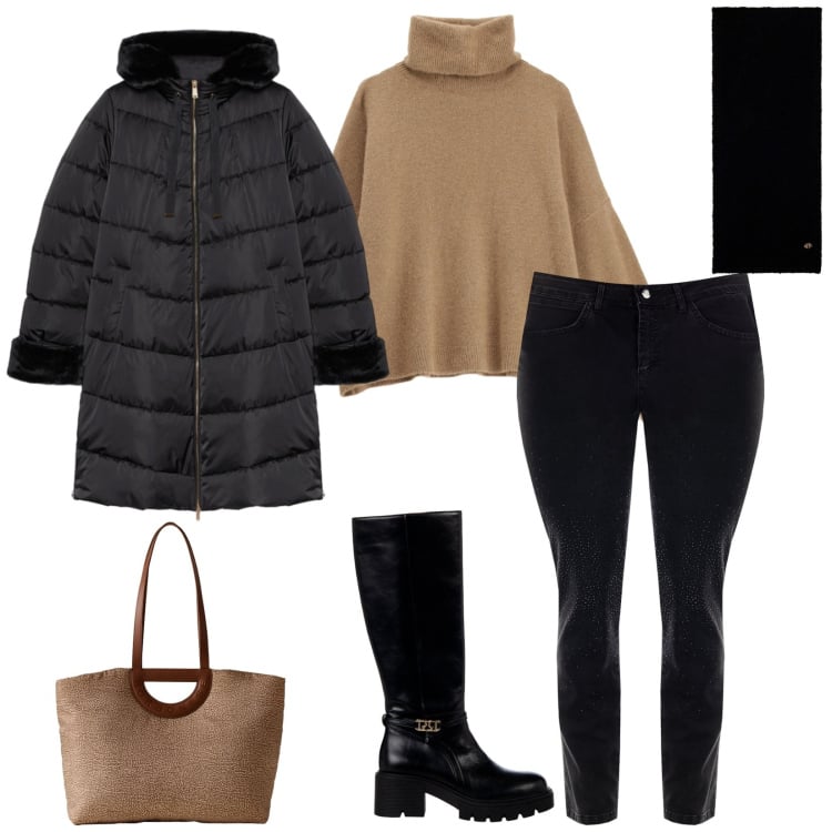 Outfit donna - Minimal. Stile Casual per Tutti i giorni. Abbinamento con stivali sopra il ginocchio, jeans skinny, maglieria, sciarpe, shopping bag, piumini.