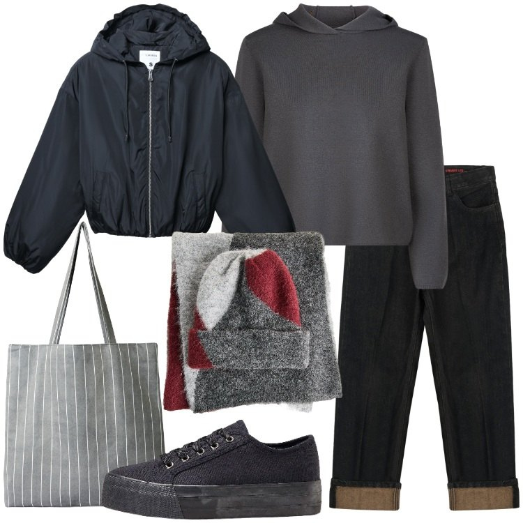 Outfit donna - Casual con grinta. Stile Casual per Tutti i giorni. Abbinamento con sneakers, sciarpe, bomber, shopping bag, jeans dritti, maglieria.