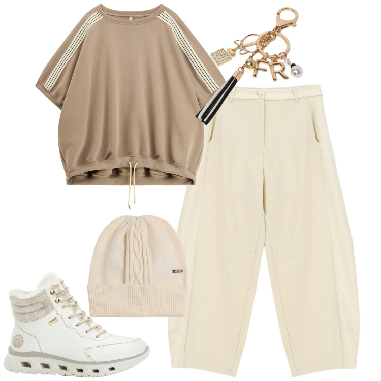 Outfit donna - Total look #2273476. Stile Casual per Tutti i giorni. Abbinamento con stivaletti, pantaloni, felpe, berretti, portachiavi.