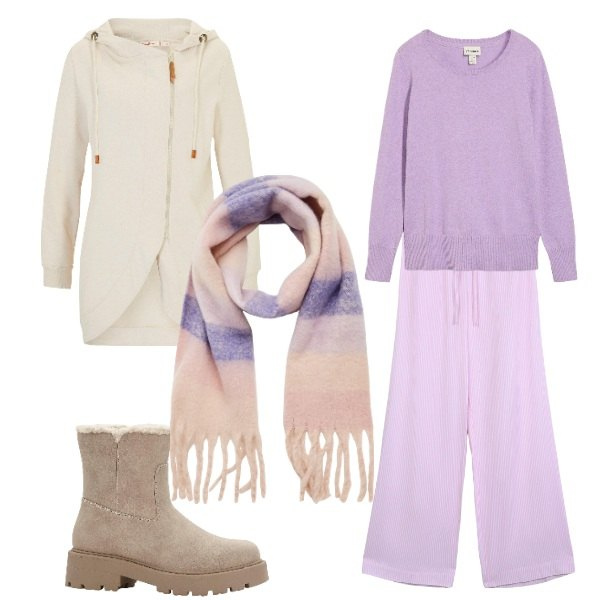 Outfit donna - Passeggiata sulla prima neve. Stile Casual per Tutti i giorni. Abbinamento con blazer, stivaletti, maglieria, sciarpe, pantaloni.