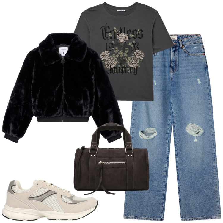 Outfit donna - Ottobre. Stile Casual per Tutti i giorni. Abbinamento con t-shirt, borse a mano, jeans strappati, sneakers, ecopellicce.