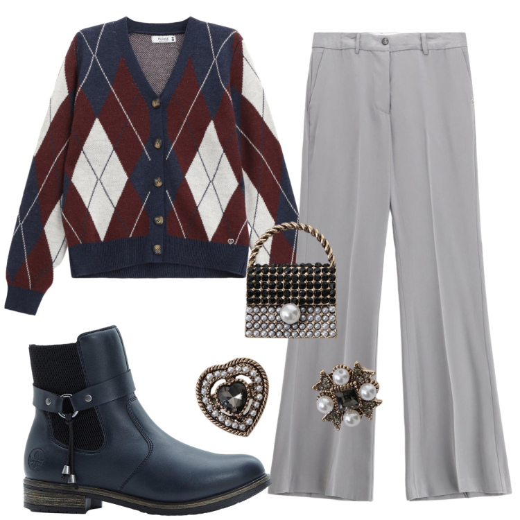 Outfit donna - Scozia. Stile Casual chic per Tutti i giorni. Abbinamento con stivaletti chelsea, pantaloni, cardigans, accessori per capelli.