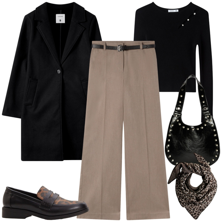 Outfit donna - City. Stile Urban per Tutti i giorni. Abbinamento con mocassini, sciarpe, pantaloni, maglieria, cappotti, borse a spalla.