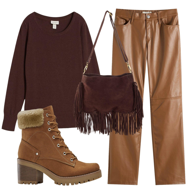 Outfit donna - Cioccolata calda. Stile Casual chic per Tutti i giorni. Abbinamento con maglieria, borse a tracolla, pantaloni, stivaletti.