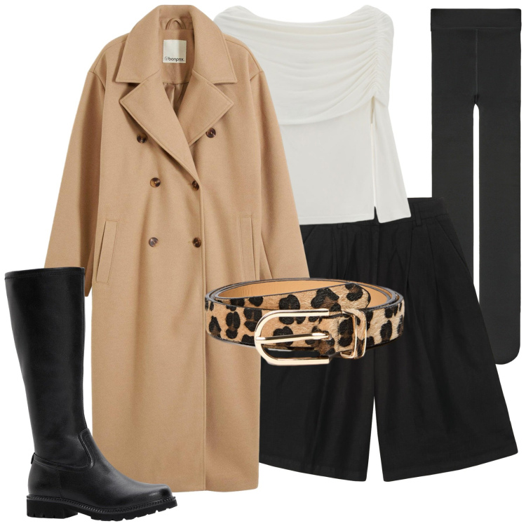 Outfit donna - Glamour di giorno. Stile Glamour per Tutti i giorni. Abbinamento con stivali, cappotti, collant, maglieria, bermuda, cinture.