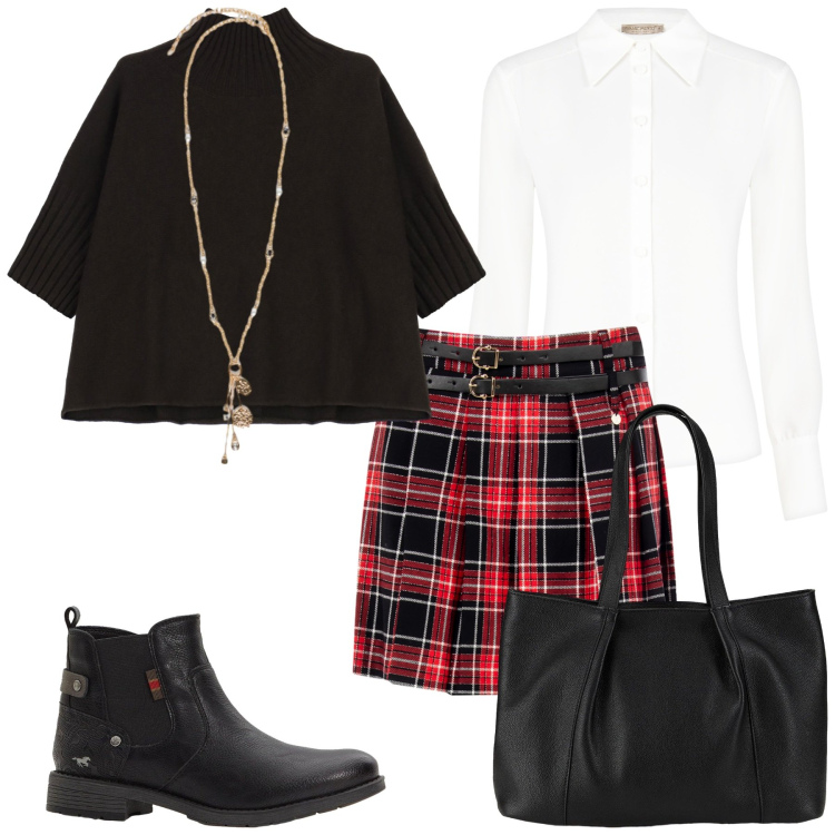 Outfit donna - Stile scozzese. Stile Casual per Scuola/Università. Abbinamento con shopping bag, stivaletti chelsea, minigonne, camicie, maglieria, ciondoli.