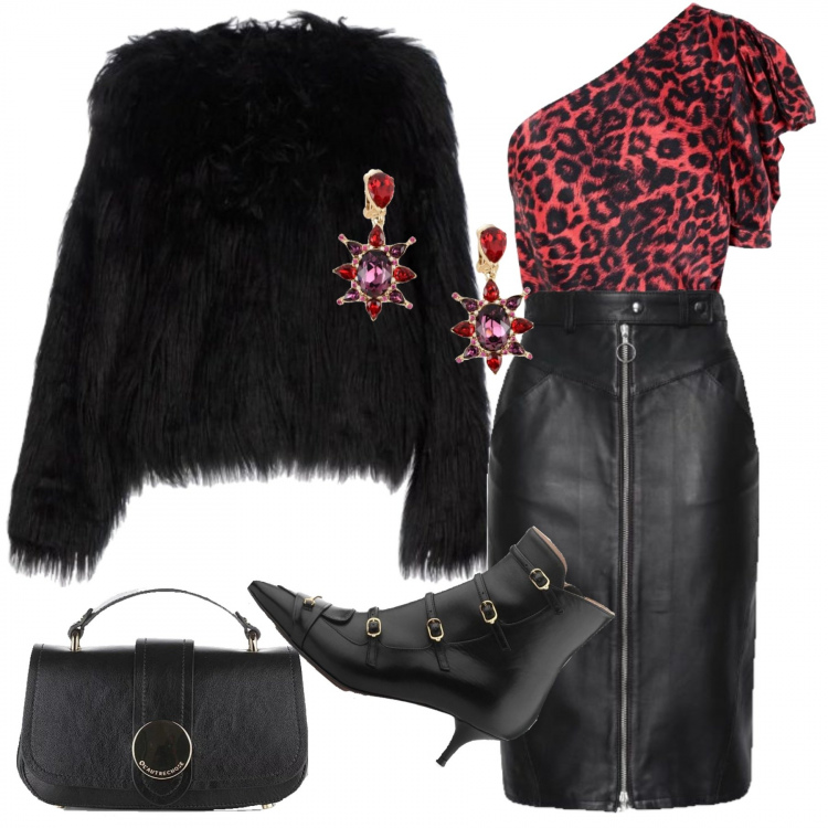 Outfit donna - Il rosso e il nero. Stile Trendy per Serata fuori. Abbinamento con gonne longuette, top monospalla fantasia scollatura quadrata con zip interno foderato in raso, cappotto, orecchini con strass a clip, tronchetti con cinturino nero, borsa a mano mini a clip interno sfoderato con tracolla regolabile nero.