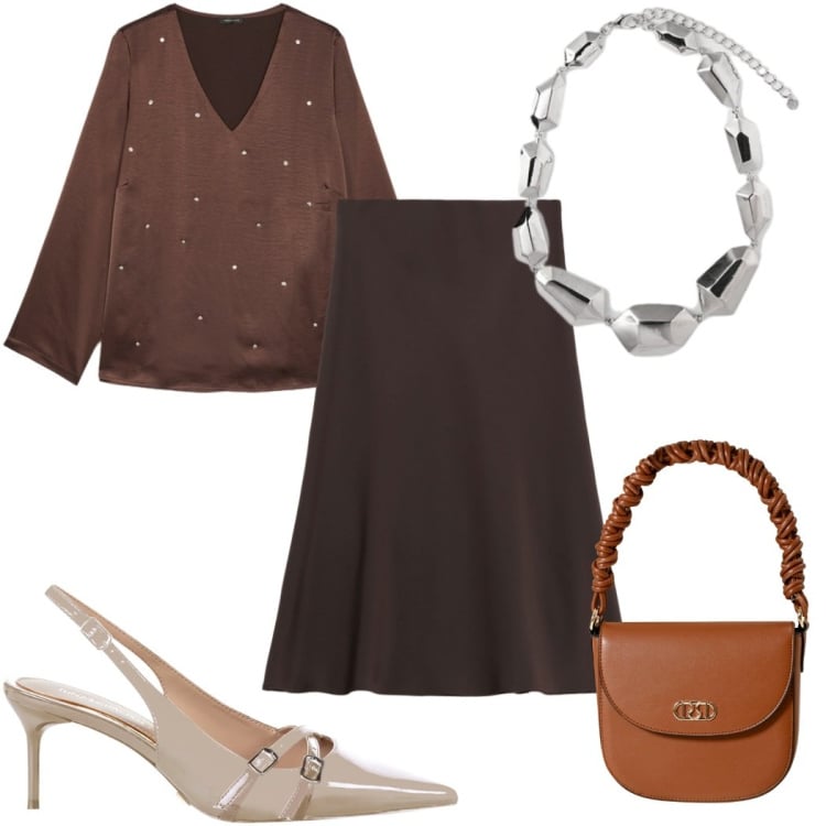 Outfit donna - W il cioccolato- glamour. Stile Glamour per Tutti i giorni. Abbinamento con décolleté, borse a mano, gonne longuette, ciondoli, bluse.