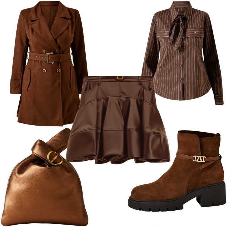 Outfit donna - W il cioccolato sempre!. Stile Trendy per Tutti i giorni. Abbinamento con camicie, stivaletti, trench, minigonne, borse a mano.