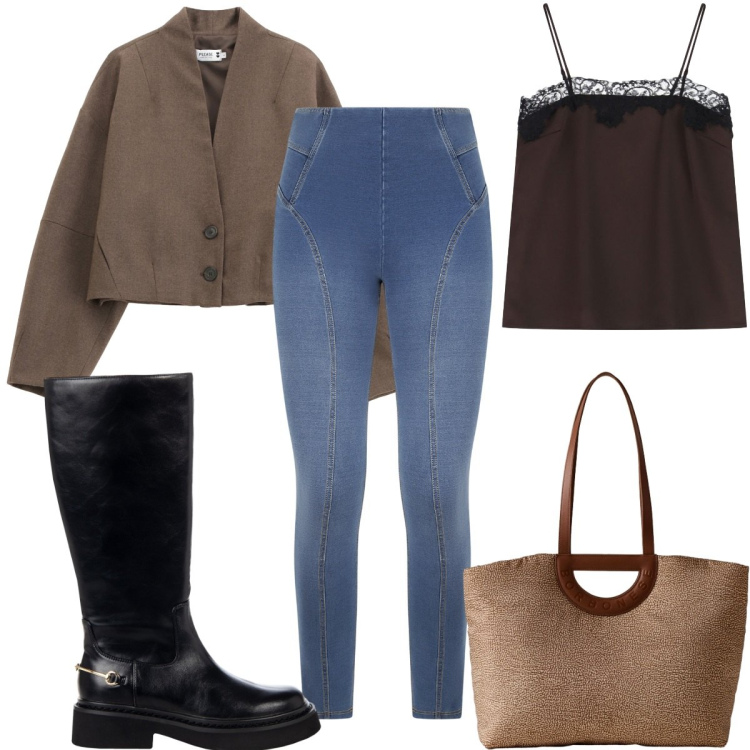 Outfit donna - Total look #2273496. Stile Basic per Tutti i giorni. Abbinamento con stivali sopra il ginocchio, jeggings, blazer, canottiere, shopping bag.