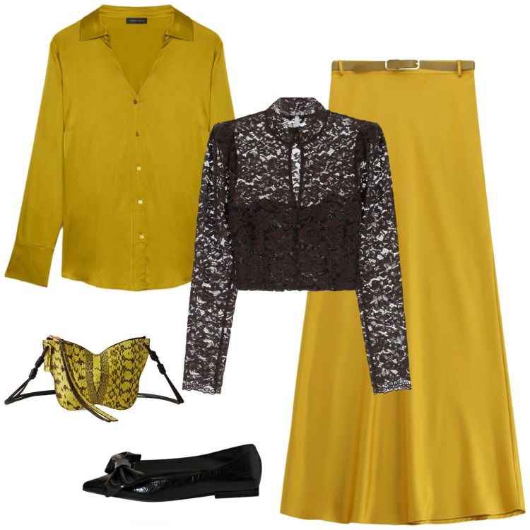 Outfit donna - Nero di senape. Stile Chic per Serata fuori. Abbinamento con ballerine, gonne lunghe, bluse, borse a tracolla, camicie.