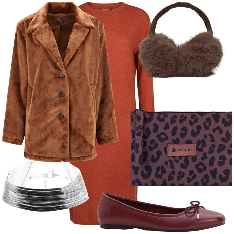 Outfit donna - Total look. Stile Urban per Tutti i giorni. Abbinamento con ballerine, cappelli, cappotti, braccialetti, clutch, vestiti midi/longuette.