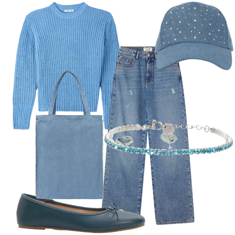 Outfit donna - Easy chic. Stile Casual chic per Tutti i giorni. Abbinamento con ballerine, maglieria, cappelli, borse tote, jeans strappati, braccialetti.