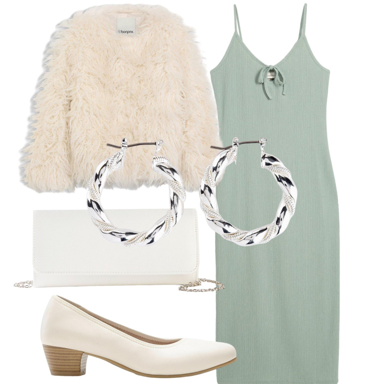 Outfit donna - Madrina. Stile Bon Ton per Cerimonia. Abbinamento con orecchini, décolleté, pochette, vestiti midi/longuette, ecopellicce.