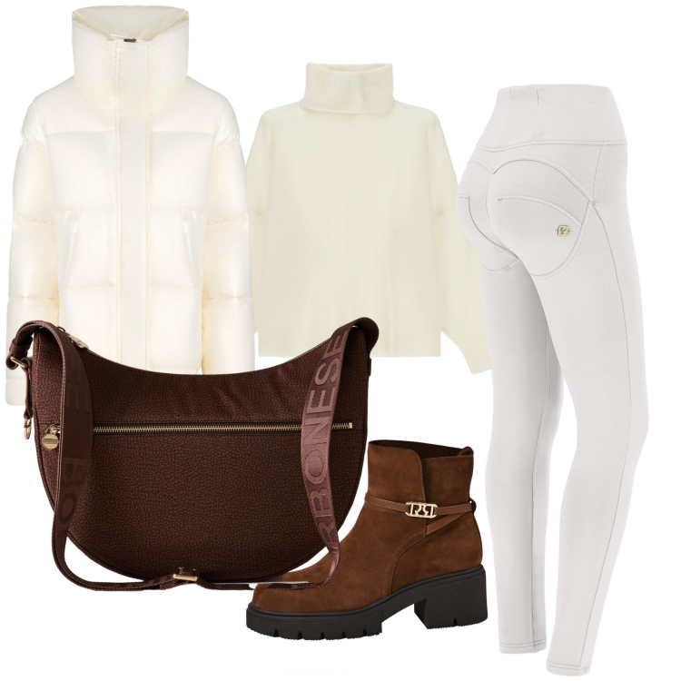Outfit donna - Cioccolata al latte. Stile Casual chic per Tutti i giorni. Abbinamento con stivaletti, maglieria, pantaloni skinny, blazer, borse a spalla.