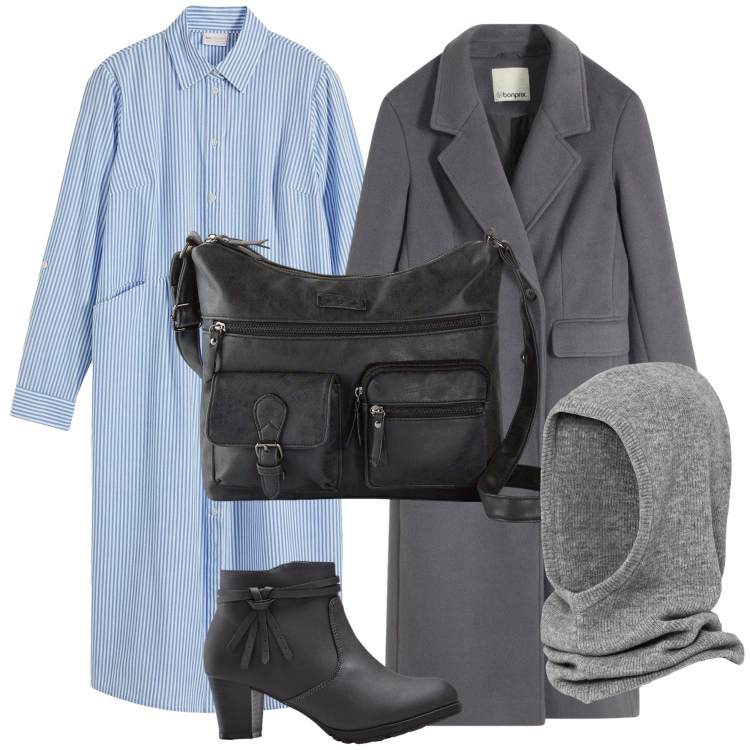 Outfit donna - Bonprix di lunedì. Stile Urban per Tutti i giorni. Abbinamento con vestiti chemisier, stivaletti, borse a tracolla, cappelli e berretti, cappotti.