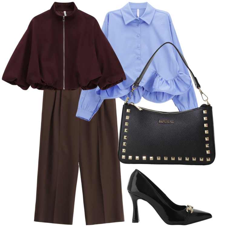 Outfit donna - A cena con colleghi Imperial. Stile Chic per Serata fuori. Abbinamento con pantaloni a palazzo, camicie, pochette, décolleté, bomber.