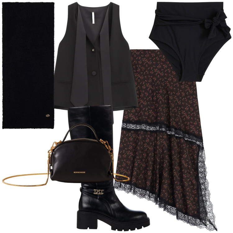 Outfit donna - Halloween look. Stile Trendy per Serata fuori. Abbinamento con culotte, borse a mano, stivali sopra il ginocchio, top, gonne lunghe, sciarpe.