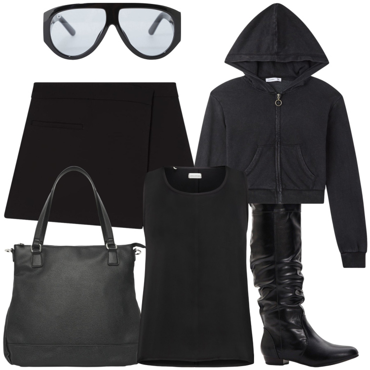 Outfit donna - Top e felpa a fine ottobre. Stile Basic per Tutti i giorni. Abbinamento con stivali sopra il ginocchio, shopping bag, felpe con cappuccio, gonne, occhiali da sole, top.