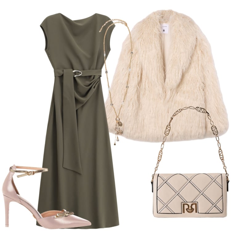 Outfit donna - Una serata elegante. Stile Glamour per Serata fuori. Abbinamento con ecopellicce, décolleté, borse a tracolla, vestiti lunghi, ciondoli.