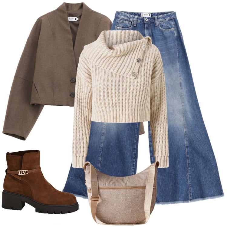 Outfit donna - Un gioco di volumi. Stile Glamour per Tutti i giorni. Abbinamento con maglieria, stivaletti, jeans a zampa, blazer, borse a spalla.