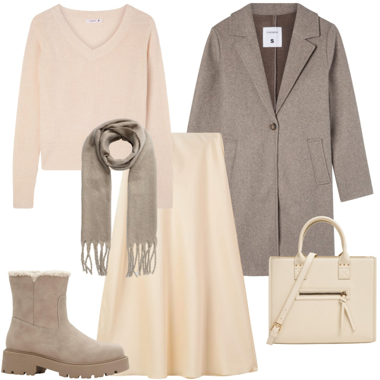 Outfit donna - In città. Stile Urban per Tutti i giorni. Abbinamento con stivaletti, cappotti, shopping bag, gonne lunghe, sciarpe, maglieria.