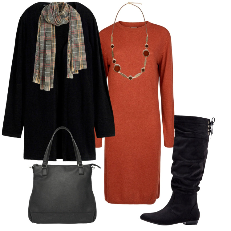 Outfit donna - Total look #2273513. Stile Casual chic per Tutti i giorni. Abbinamento con stivali, cardigans, sciarpe, shopping bag, vestiti midi/longuette, collane.