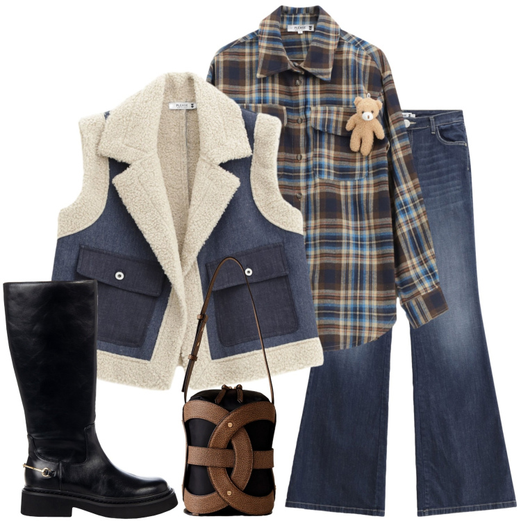 Outfit donna - Casual chic. Stile Casual chic per Serata fuori. Abbinamento con camicie, jeans a zampa, gilet, borse a secchiello, stivali sopra il ginocchio.