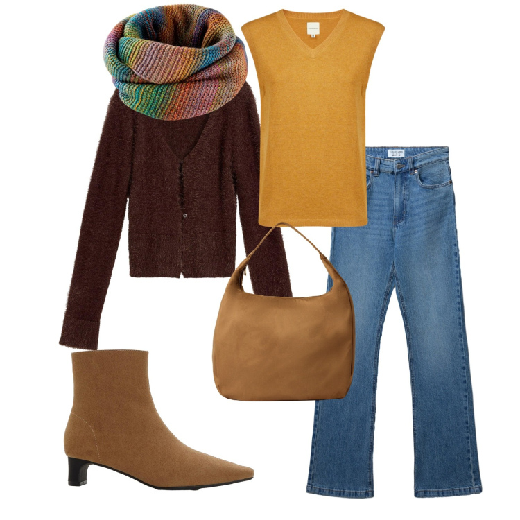 Outfit donna - Total look #2273522. Stile Casual per Tutti i giorni. Abbinamento con cardigans, foulard, stivaletti, borse a mano, jeans bootcut, maglieria.