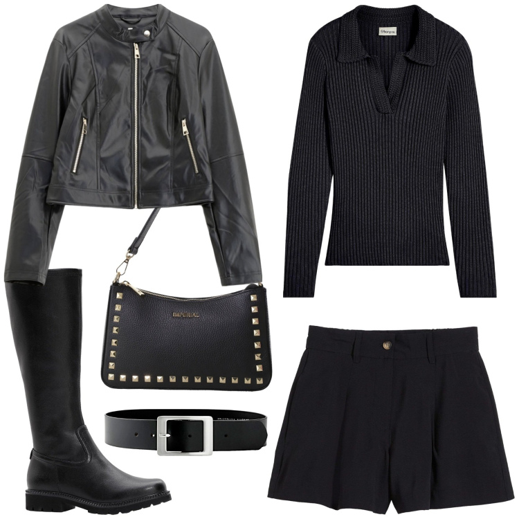 Outfit donna - Young. Stile Rock per Serata fuori. Abbinamento con cinture, shorts, stivali, maglieria, giacche, pochette.