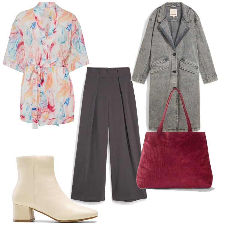 Outfit femme - Casual #12074. Style Casual pour Tous les jours. Assortir avec sac cabas, bottines, kimono, pantalon , imperméable.