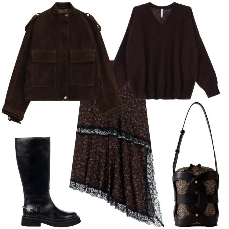 Outfit donna - Total look #2273528. Stile Boho per Tutti i giorni. Abbinamento con borse a secchiello, stivali sopra il ginocchio, gonne lunghe, giacche, maglieria.