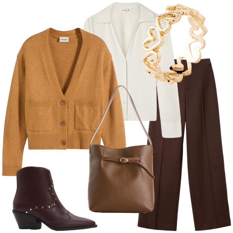 Outfit donna - Un tocco di senape. Stile Minimal per Ufficio. Abbinamento con stivaletti texani, cardigans, borse a mano, anelli, camicie, pantaloni.