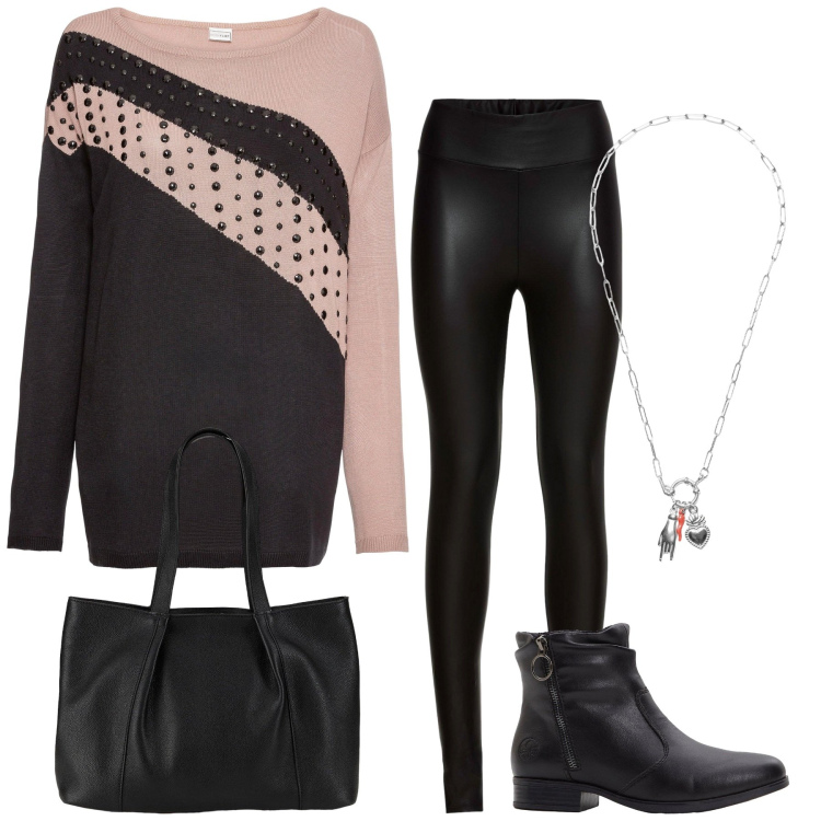 Outfit donna - Total look #2273537. Stile Basic per Tutti i giorni. Abbinamento con treggings, maglieria, stivaletti, shopping bag, ciondoli.