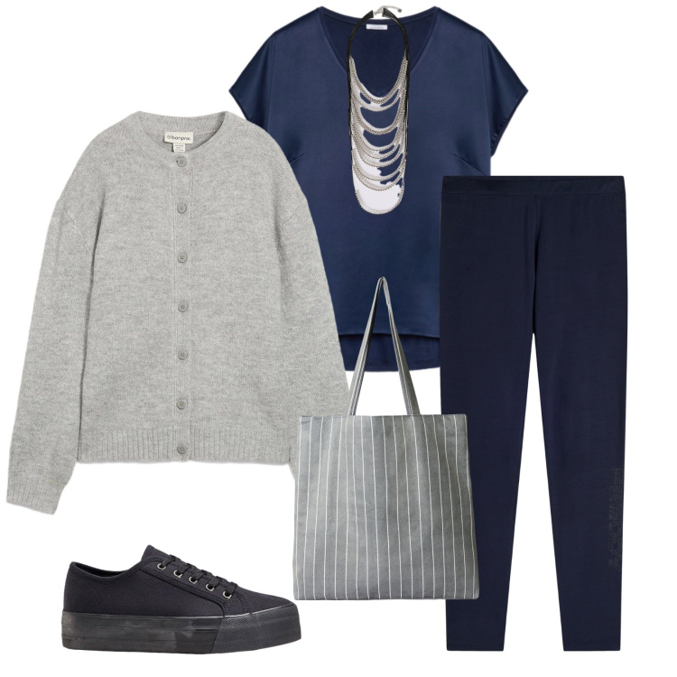 Outfit donna - Total look #2273538. Stile Casual per Tutti i giorni. Abbinamento con cardigans, sneakers, shopping bag, leggings, bluse, collane.