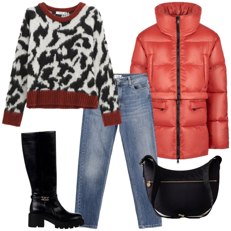 Outfit donna - Total look #2273540. Stile Basic per Tutti i giorni. Abbinamento con stivali sopra il ginocchio, pullovers, jeans skinny, piumini, borse a spalla.