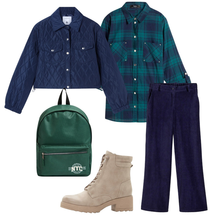 Outfit donna - Total look #2273541. Stile Casual per Scuola/Università. Abbinamento con camicie, stivaletti, pantaloni, zaini, giacche.