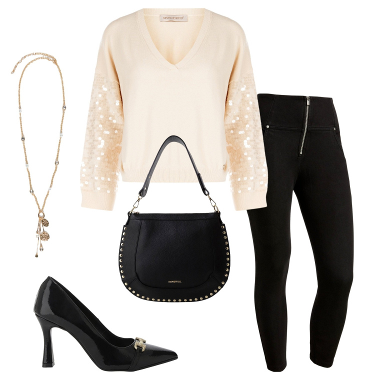 Outfit donna - Total look #2273549. Stile Glamour per Serata fuori. Abbinamento con maglieria, décolleté, borse a spalla, pantaloni skinny, ciondoli.