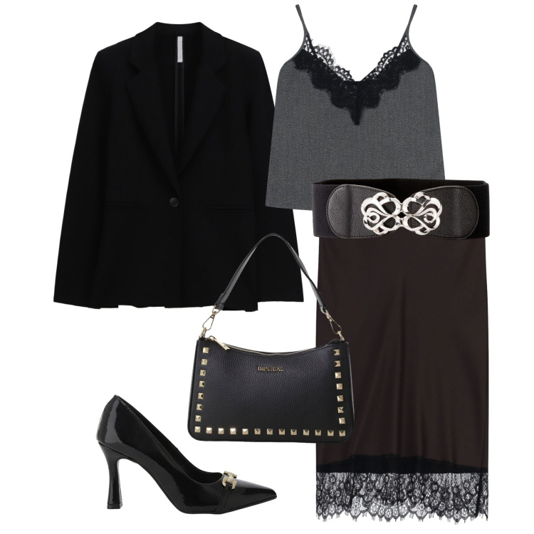 Outfit donna - Cena romantica. Stile Sexy per Serata fuori. Abbinamento con cinture, pochette, décolleté, blazer, top, gonne longuette.