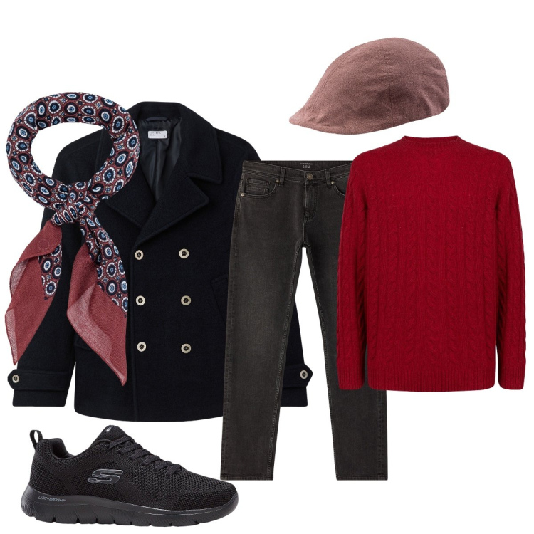 Outfit uomo - Total look #2273558. Stile Casual per Tutti i giorni. Abbinamento con sneakers, cappotti, jeans, maglieria, cappelli con visiera, sciarpe e foulard.