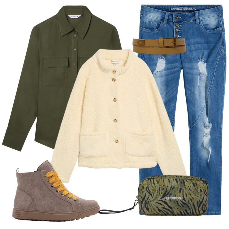 Outfit donna - Giornata in montagna. Stile Casual per Tutti i giorni. Abbinamento con jeans boyfriend, blazer, sneakers alte, camicie, valigie, cinture.
