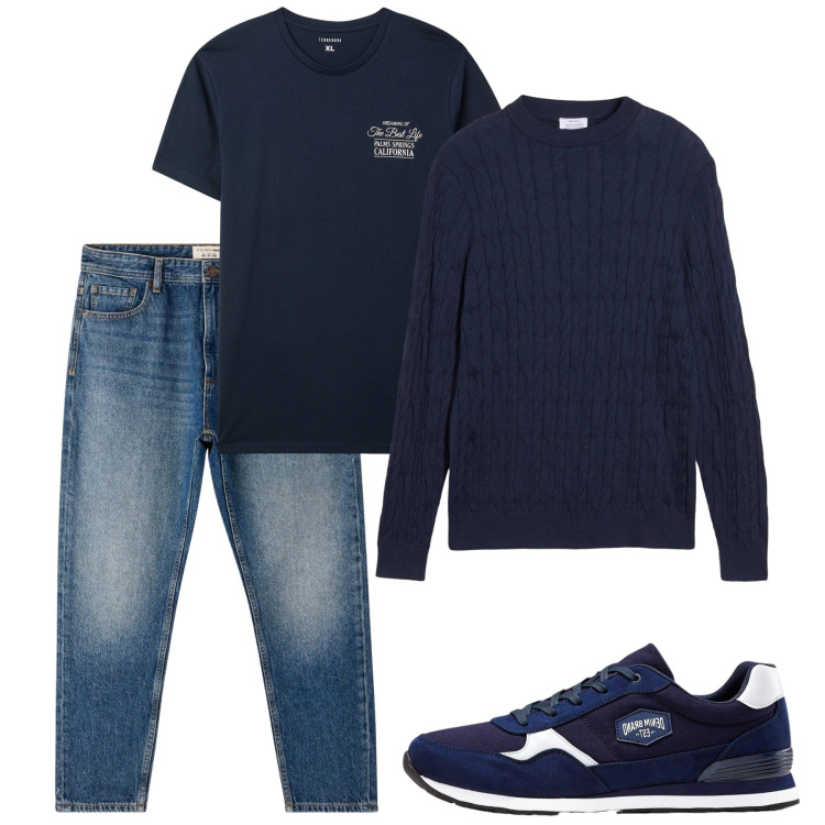 Outfit uomo - Tutto blu. Stile Casual per Tutti i giorni. Abbinamento con sneakers, maglieria, t-shirt, jeans.