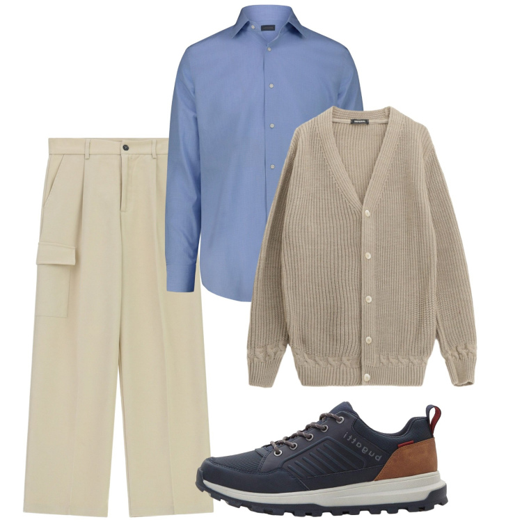 Outfit uomo - Beige ottobre. Stile Casual per Tutti i giorni. Abbinamento con sneakers, cardigans, pantaloni cargo, camicie.