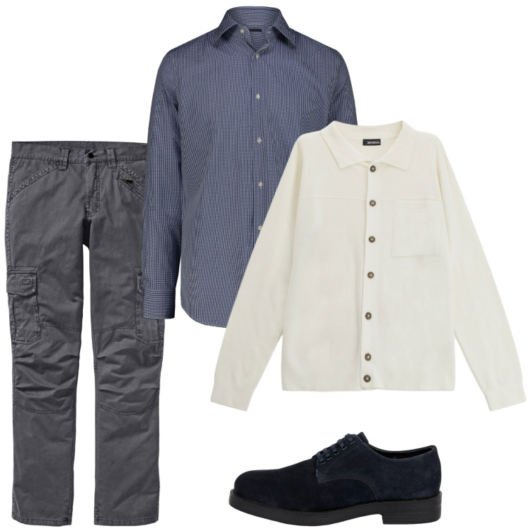 Outfit uomo - Toni freddi. Stile Casual per Tutti i giorni. Abbinamento con pantaloni cargo, cardigans, scarpe stringate, camicie.